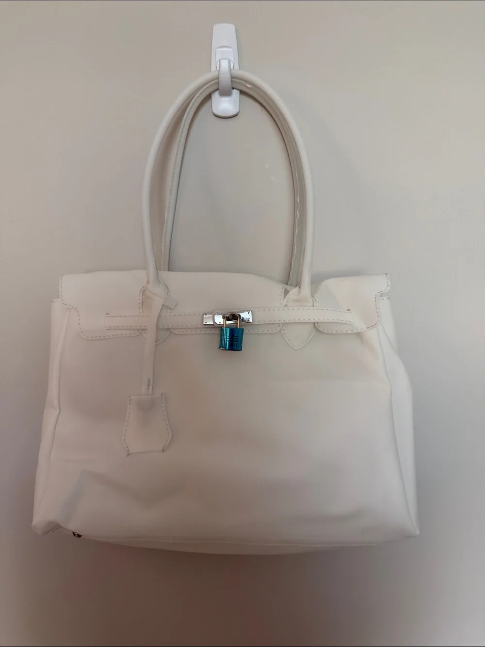 Classic White Tote Bag with Lock Accent
